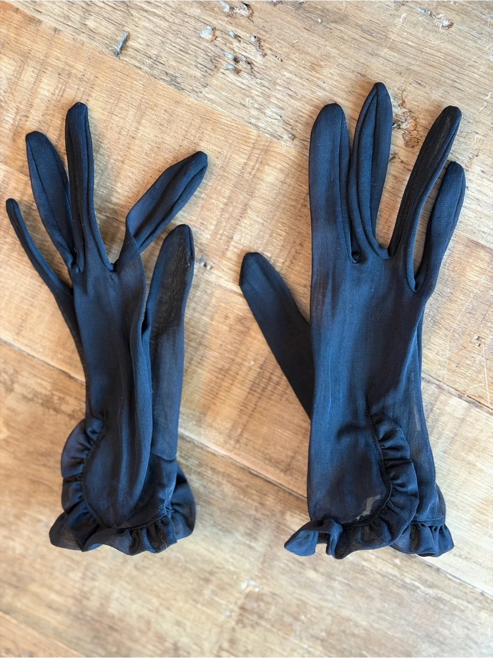 Vintage Fownes Sheer Nylon Black Ruffle Cuff Gloves. Women’s 6/XS USA 50’s 60’s